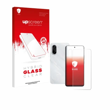 Parte frontal de un envase de producto con el logotipo de la marca upscreen. Al lado se muestra el dispositivo OnePlus Nord CE