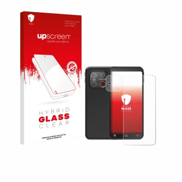 Parte frontal de un envase de producto con el logotipo de la marca upscreen. Al lado se muestra el dispositivo Emporia Smart M