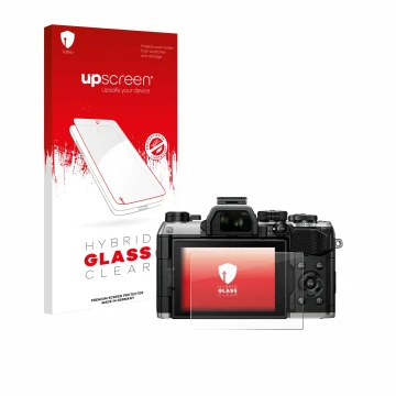Parte frontal de un envase de producto con el logotipo de la marca upscreen. Al lado se muestra el dispositivo Olympus OM Syst