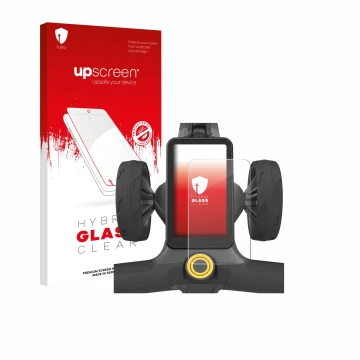 Parte frontal de un envase de producto con el logotipo de la marca upscreen. Al lado se muestra el dispositivo PowaKaddy CT12 