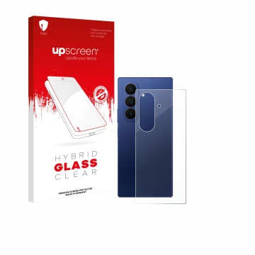 Parte frontal de un envase de producto con el logotipo de la marca upscreen. Al lado se muestra el dispositivo Samsung Galaxy 