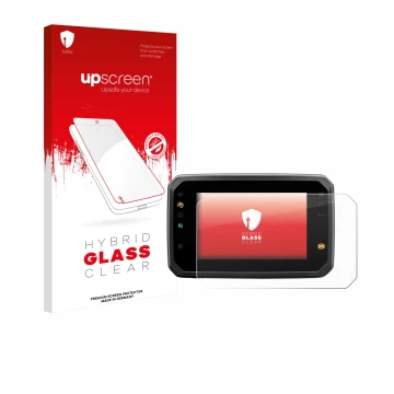 Parte frontal de un envase de producto con el logotipo de la marca upscreen. Al lado se muestra el dispositivo Honda Hornet CB
