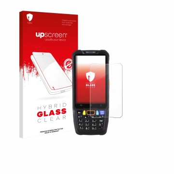 Parte frontal de un envase de producto con el logotipo de la marca upscreen. Al lado se muestra el dispositivo Point Mobile PM