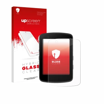 Parte frontal de un envase de producto con el logotipo de la marca upscreen. Al lado se muestra el dispositivo Bryton Rider 65