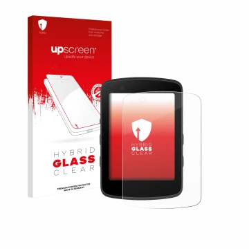 Parte frontal de un envase de producto con el logotipo de la marca upscreen. Al lado se muestra el dispositivo Bryton Rider 55