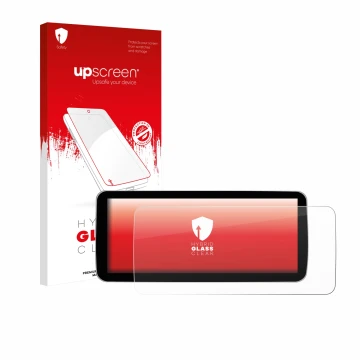 Parte frontal de un envase de producto con el logotipo de la marca upscreen. Al lado se muestra el dispositivo Ninetom Car Rad