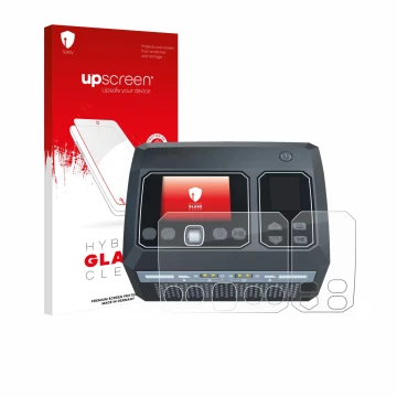 Parte frontal de un envase de producto con el logotipo de la marca upscreen. Al lado se muestra el dispositivo SkyRc D750 Mix 