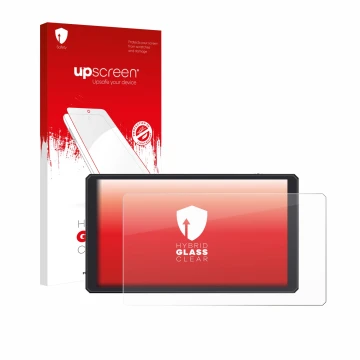 Parte frontal de un envase de producto con el logotipo de la marca upscreen. Al lado se muestra el dispositivo Feelworld CUT6 