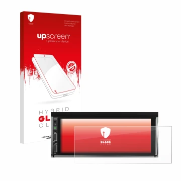 Parte frontal de un envase de producto con el logotipo de la marca upscreen. Al lado se muestra el dispositivo Hikity Carplay 