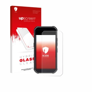 Parte frontal de un envase de producto con el logotipo de la marca upscreen. Al lado se muestra el dispositivo SkyCaddie Pro 5