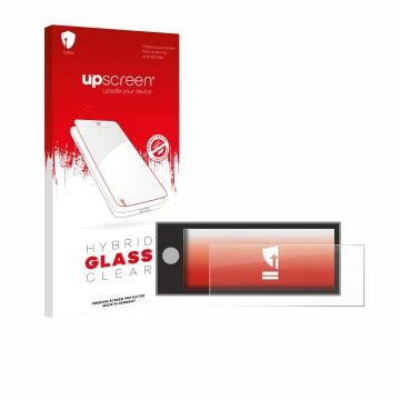 Parte frontal de un envase de producto con el logotipo de la marca upscreen. Al lado se muestra el dispositivo Peugeot Expert 