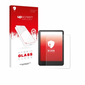Parte frontal de un envase de producto con el logotipo de la marca upscreen. Al lado se muestra el dispositivo Amazon Kindle C