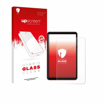 Parte frontal de un envase de producto con el logotipo de la marca upscreen. Al lado se muestra el dispositivo Blackview Zeno 
