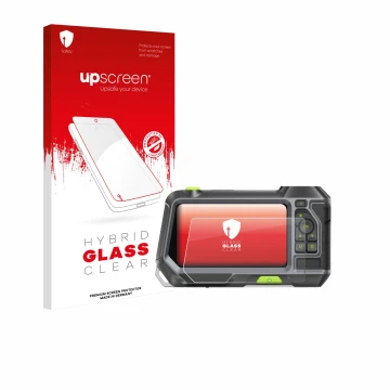 Parte frontal de un envase de producto con el logotipo de la marca upscreen. Al lado se muestra el dispositivo Teslong NTS500 