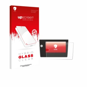 Parte frontal de un envase de producto con el logotipo de la marca upscreen. Al lado se muestra el dispositivo Volkswagen Polo