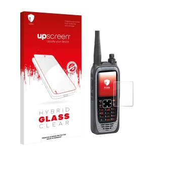 Parte frontal de un envase de producto con el logotipo de la marca upscreen. Al lado se muestra el dispositivo Icom IC-A25NE /