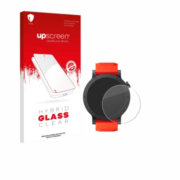 Parte frontal de un envase de producto con el logotipo de la marca upscreen. Al lado se muestra el dispositivo Nothing CMF Wat
