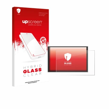 Parte frontal de un envase de producto con el logotipo de la marca upscreen. Al lado se muestra el dispositivo Renault Master 