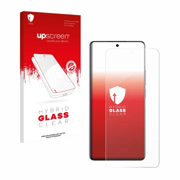Parte frontal de un envase de producto con el logotipo de la marca upscreen. Al lado se muestra el dispositivo realme 15 Pro c