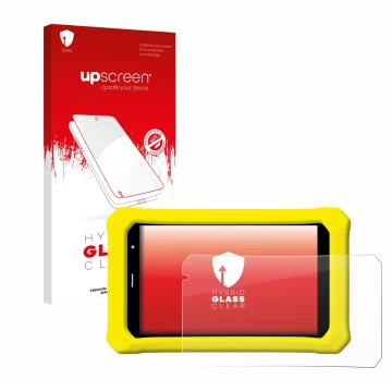 Parte frontal de un envase de producto con el logotipo de la marca upscreen. Al lado se muestra el dispositivo Clementoni Clem