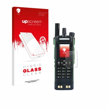 Parte frontal de un envase de producto con el logotipo de la marca upscreen. Al lado se muestra el dispositivo Baofeng DM-32 c
