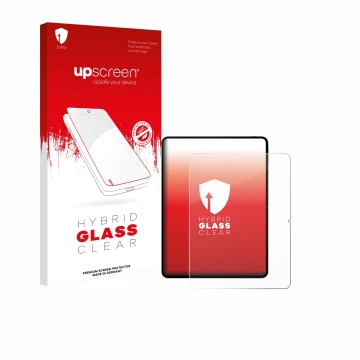 Parte frontal de un envase de producto con el logotipo de la marca upscreen. Al lado se muestra el dispositivo Teclast Artpad 