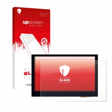 Parte frontal de un envase de producto con el logotipo de la marca upscreen. Al lado se muestra el dispositivo Waveshare 4.3