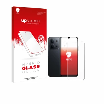 Parte frontal de un envase de producto con el logotipo de la marca upscreen. Al lado se muestra el dispositivo Xiaomi Redmi 15