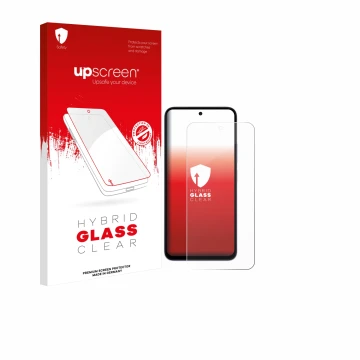 Parte frontal de un envase de producto con el logotipo de la marca upscreen. Al lado se muestra el dispositivo Xiaomi Redmi 15