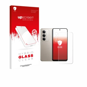 Parte frontal de un envase de producto con el logotipo de la marca upscreen. Al lado se muestra el dispositivo Xiaomi Redmi 15