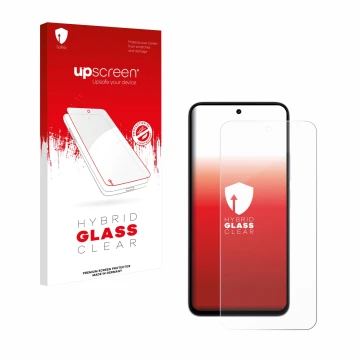 Parte frontal de un envase de producto con el logotipo de la marca upscreen. Al lado se muestra el dispositivo Xiaomi Redmi 15