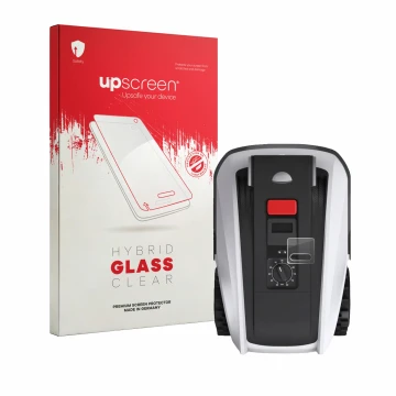 Parte frontal de un envase de producto con el logotipo de la marca upscreen. Al lado se muestra el dispositivo Ecovacs Goat O8