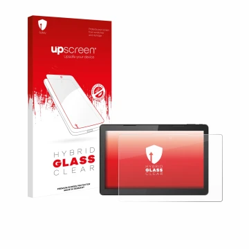 Parte frontal de un envase de producto con el logotipo de la marca upscreen. Al lado se muestra el dispositivo Hannspree Pad 1