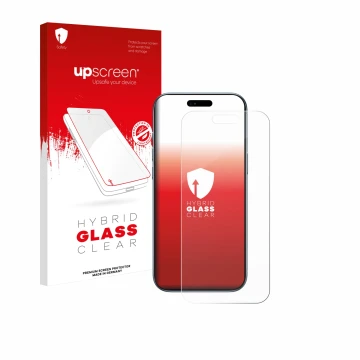 Parte frontal de un envase de producto con el logotipo de la marca upscreen. Al lado se muestra el dispositivo Apple iPhone Ai