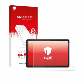 Parte frontal de un envase de producto con el logotipo de la marca upscreen. Al lado se muestra el dispositivo Lenovo Tab K11e