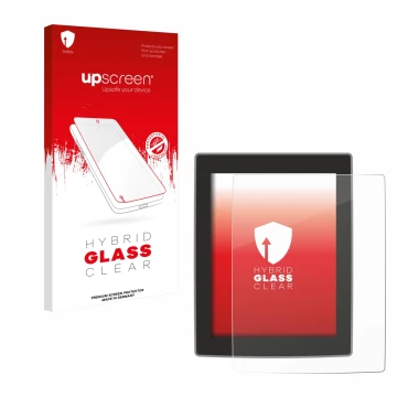 Parte frontal de un envase de producto con el logotipo de la marca upscreen. Al lado se muestra el dispositivo Volvo XC90 11.2