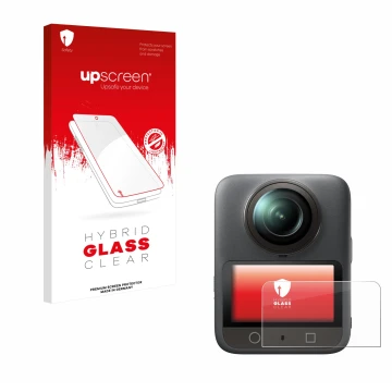 Parte frontal de un envase de producto con el logotipo de la marca upscreen. Al lado se muestra el dispositivo DJI Osmo 360 co