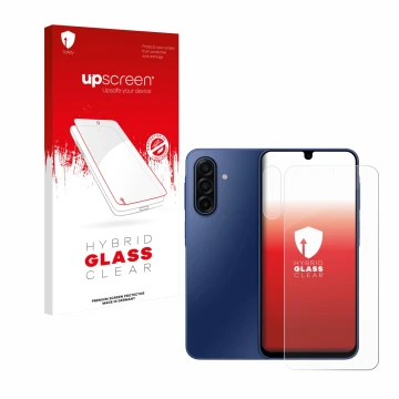 Parte frontal de un envase de producto con el logotipo de la marca upscreen. Al lado se muestra el dispositivo Samsung Galaxy 