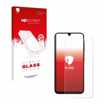 Parte frontal de un envase de producto con el logotipo de la marca upscreen. Al lado se muestra el dispositivo Samsung Galaxy 