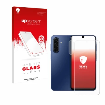 Parte frontal de un envase de producto con el logotipo de la marca upscreen. Al lado se muestra el dispositivo Samsung Galaxy 