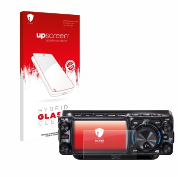 Parte frontal de un envase de producto con el logotipo de la marca upscreen. Al lado se muestra el dispositivo Yaesu FTX-1 con