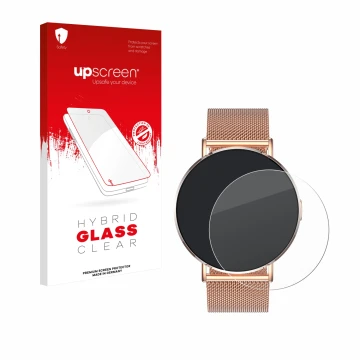 Parte frontal de un envase de producto con el logotipo de la marca upscreen. Al lado se muestra el dispositivo Levowatch Eve 1