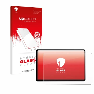 Parte frontal de un envase de producto con el logotipo de la marca upscreen. Al lado se muestra el dispositivo Acepad HIGH Tab