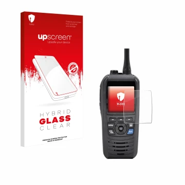 Parte frontal de un envase de producto con el logotipo de la marca upscreen. Al lado se muestra el dispositivo Icom IC-M94D co