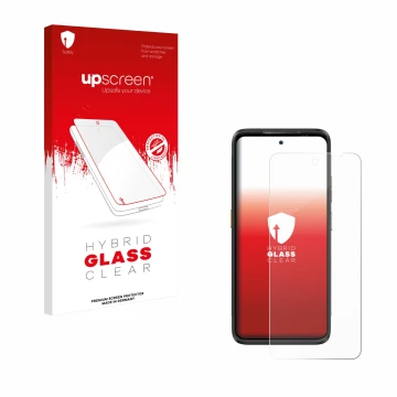 Parte frontal de un envase de producto con el logotipo de la marca upscreen. Al lado se muestra el dispositivo Ulefone Armor 2