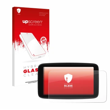 Parte frontal de un envase de producto con el logotipo de la marca upscreen. Al lado se muestra el dispositivo TomTom GO Class