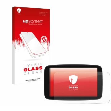 Parte frontal de un envase de producto con el logotipo de la marca upscreen. Al lado se muestra el dispositivo TomTom Go Navig