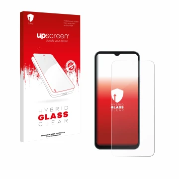 Parte frontal de un envase de producto con el logotipo de la marca upscreen. Al lado se muestra el dispositivo Telekom T Phone