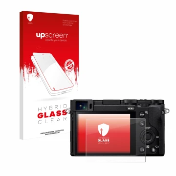 Parte frontal de un envase de producto con el logotipo de la marca upscreen. Al lado se muestra el dispositivo Sony RX1R III c