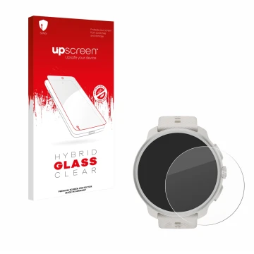 Parte frontal de un envase de producto con el logotipo de la marca upscreen. Al lado se muestra el dispositivo Suunto Race 2 c